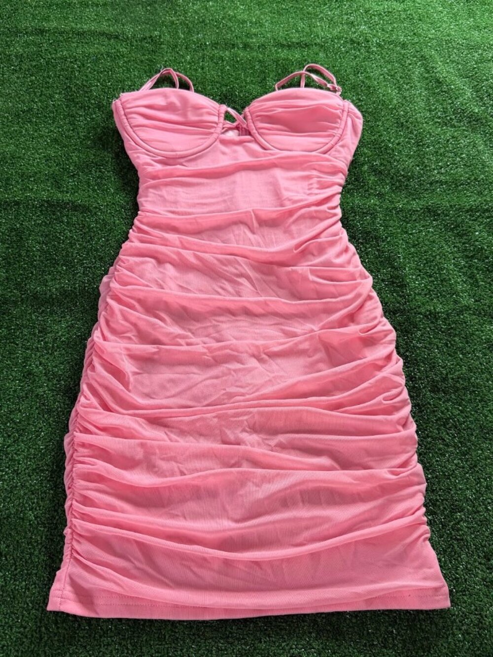Unbranded Pink Ruched Cut Out Mesh Cami Mini Dress Bodycon Spaghetti Strap S